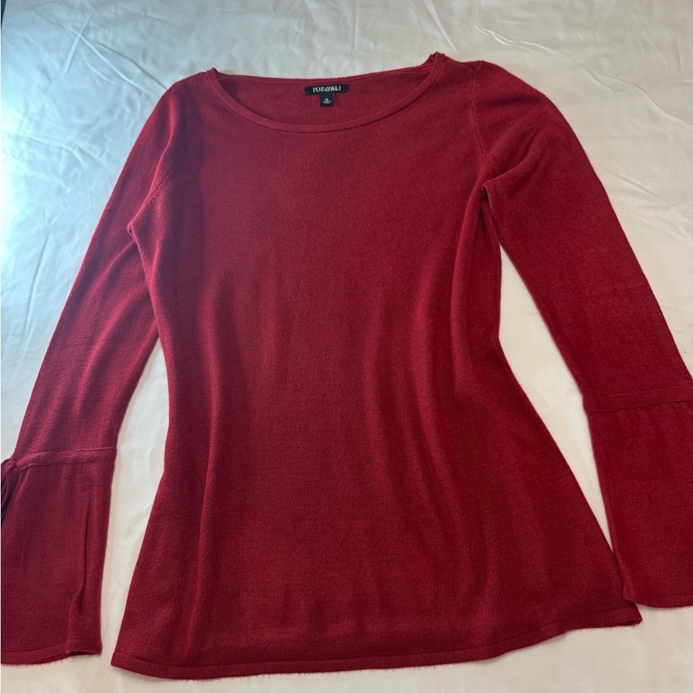Roz & Ali Deep Red Long Sleeve Scoop Neck Top with Flared Cuffs